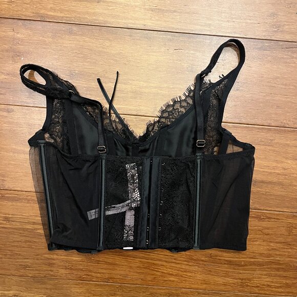 Victoria's Secret Dream Angels Unlined Lace-Up Corset Top Bra Black Lace Mesh M - Picture 2 of 5